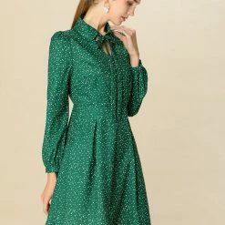 Women Allegra K Dots Print Button Long Sleeve Tie Neck Dress