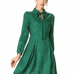 Women Allegra K Dots Print Button Long Sleeve Tie Neck Dress