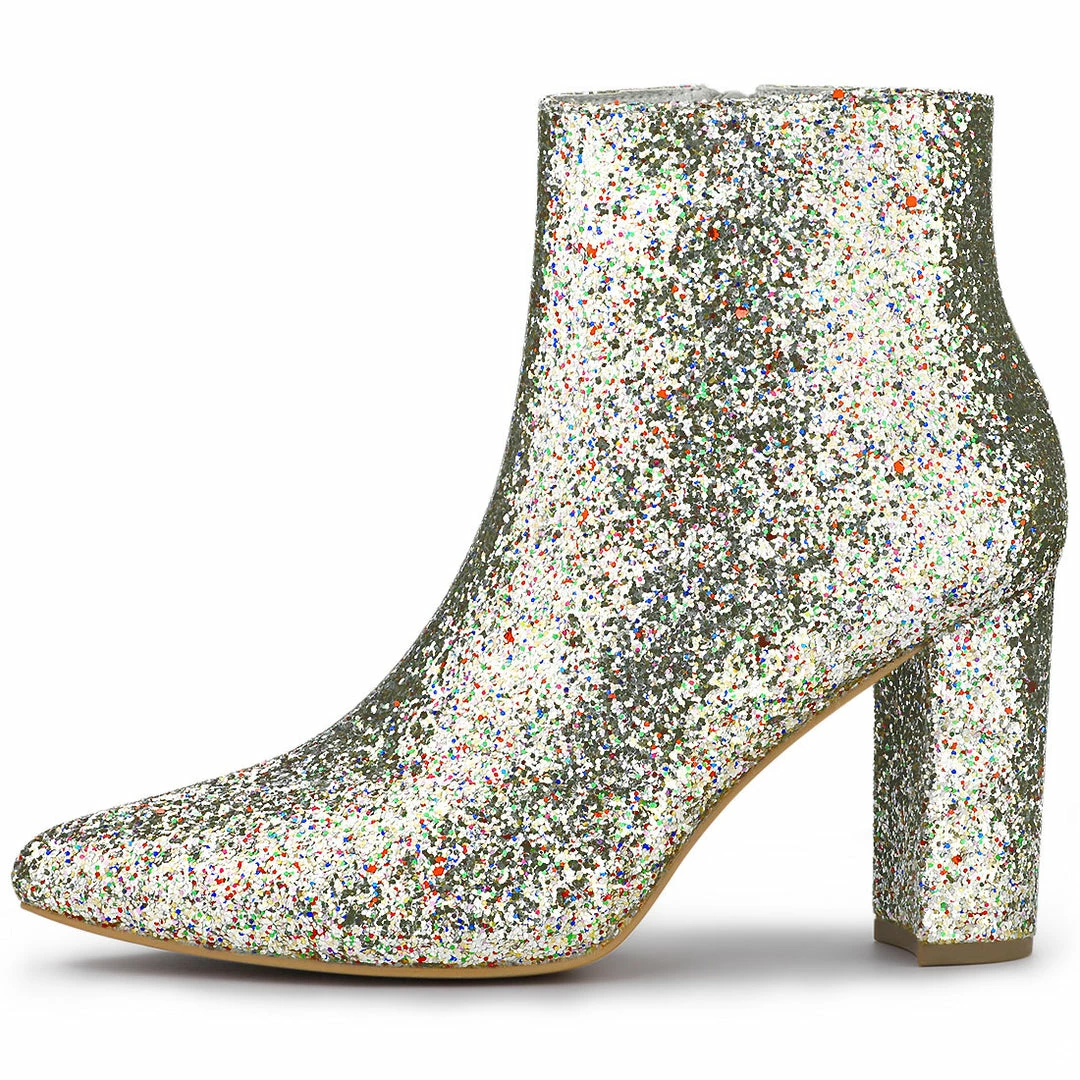 Allegra K Shoes Women's Glitter Pointed Toe Chunky Heel Ankle Boots 17 Allegra K Shoes Women's Glitter Pointed Toe Chunky Heel Ankle Boots