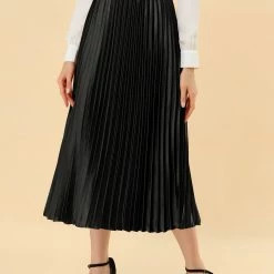 Allegra K Skirts Women's Elastic Waist Party Metallic Shiny Accordion Pleated Midi Skirt