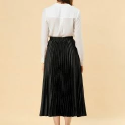 Allegra K Skirts Women's Elastic Waist Party Metallic Shiny Accordion Pleated Midi Skirt