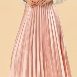 Allegra K Skirts Women's Elastic Waist Party Metallic Shiny Accordion Pleated Midi Skirt