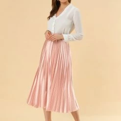 Allegra K Skirts Women's Elastic Waist Party Metallic Shiny Accordion Pleated Midi Skirt