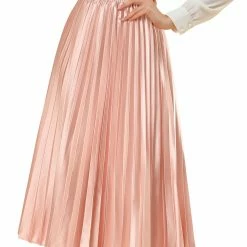 Allegra K Skirts Women's Elastic Waist Party Metallic Shiny Accordion Pleated Midi Skirt