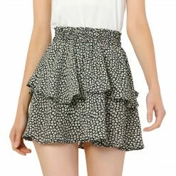 Allegra K Women's Elastic High Waist Floral Print Ruffles Layered Skater Mini Skirt 20 Allegra K Women's Elastic High Waist Floral Print Ruffles Layered Skater Mini Skirt