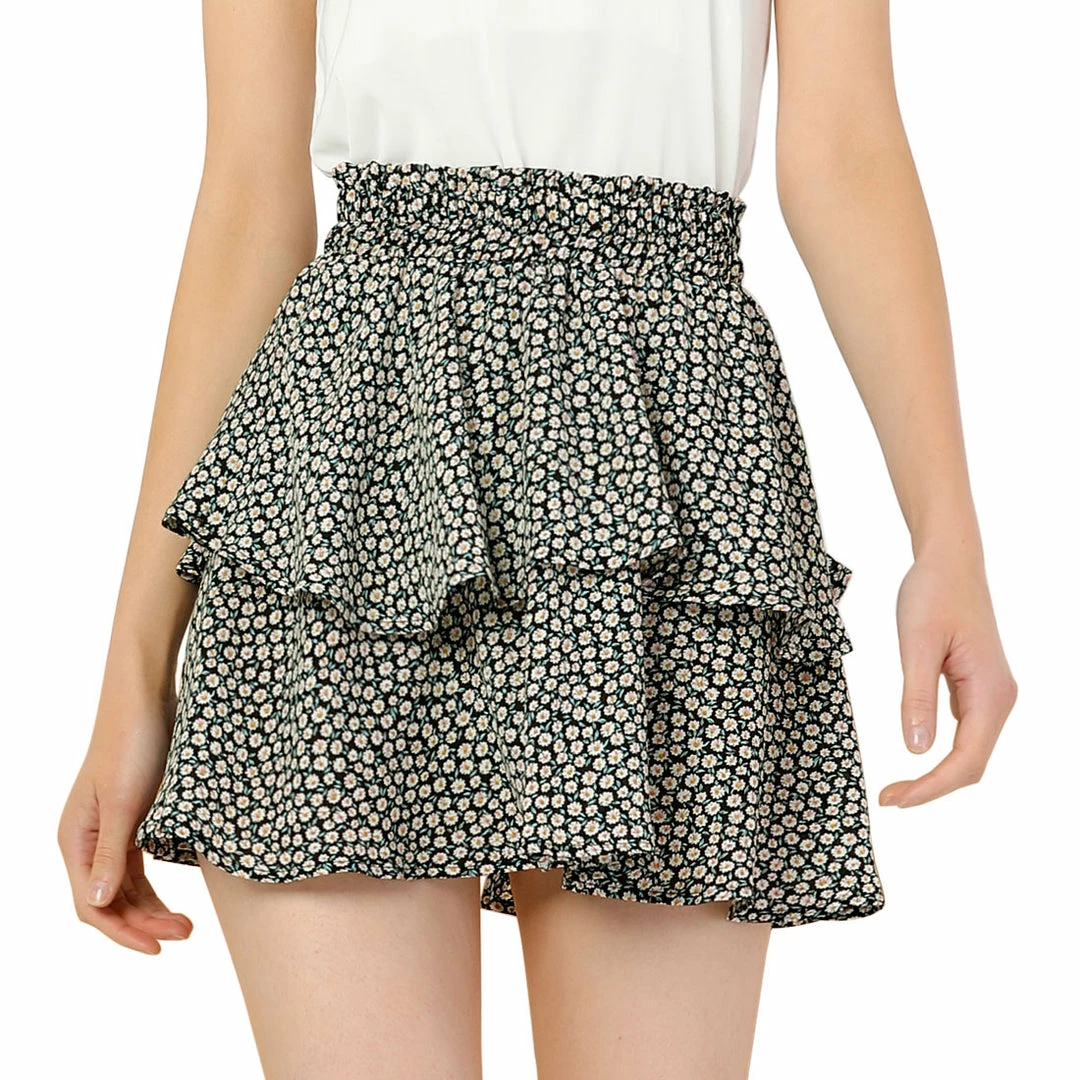 Allegra K Women's Elastic High Waist Floral Print Ruffles Layered Skater Mini Skirt 9 Allegra K Women's Elastic High Waist Floral Print Ruffles Layered Skater Mini Skirt