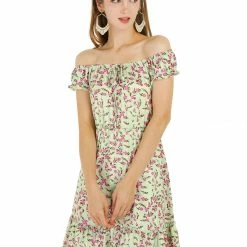 Allegra K Women's Floral Tie Elastic Boat Neck Tiered Ruffled Hem A-line Dress