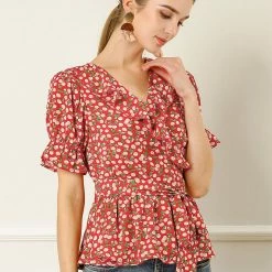 Allegra K Women's Sweet Fruit Crossover V Neck Ruffle Wrap Blouse Top