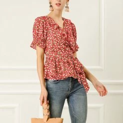 Allegra K Women's Sweet Fruit Crossover V Neck Ruffle Wrap Blouse Top