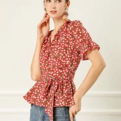 Allegra K Women's Sweet Fruit Crossover V Neck Ruffle Wrap Blouse Top