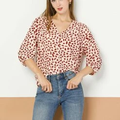 Allegra K Women's 3/4 Sleeve Button Down Shirts Casual V Neck Asymmetrical Dot Print Top Loose Blouse 21 Allegra K Women's 3/4 Sleeve Button Down Shirts Casual V Neck Asymmetrical Dot Print Top Loose Blouse