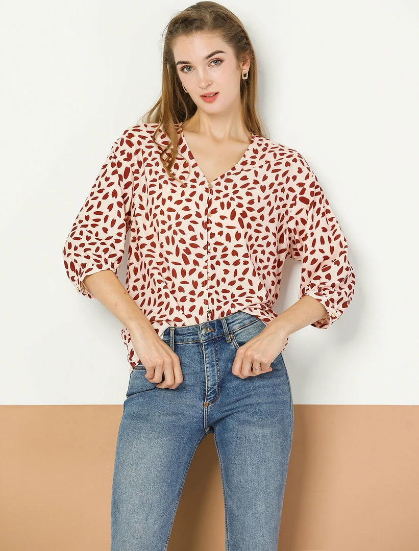 Allegra K Women's 3/4 Sleeve Button Down Shirts Casual V Neck Asymmetrical Dot Print Top Loose Blouse 10 Allegra K Women's 3/4 Sleeve Button Down Shirts Casual V Neck Asymmetrical Dot Print Top Loose Blouse