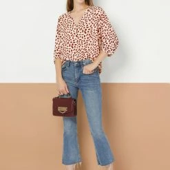 Allegra K Women's 3/4 Sleeve Button Down Shirts Casual V Neck Asymmetrical Dot Print Top Loose Blouse 22 Allegra K Women's 3/4 Sleeve Button Down Shirts Casual V Neck Asymmetrical Dot Print Top Loose Blouse