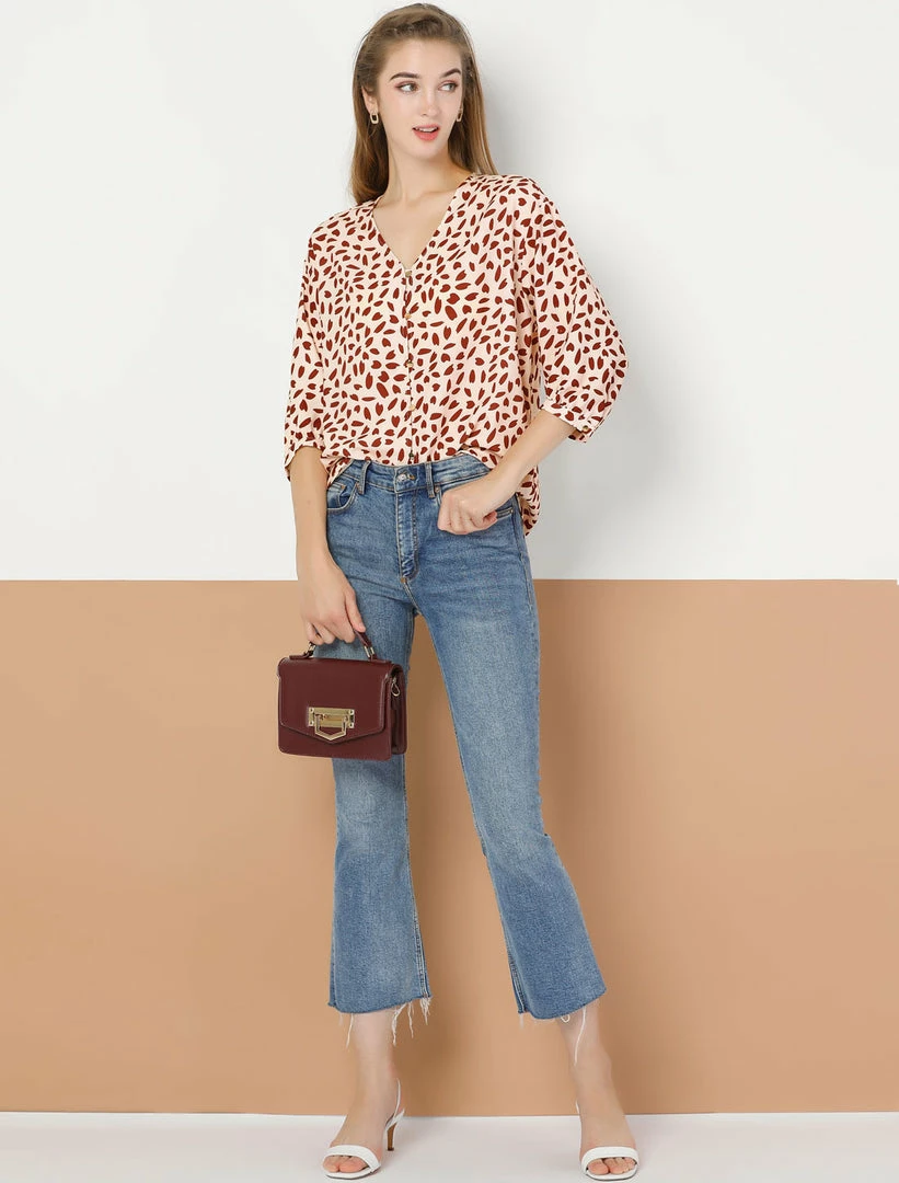 Allegra K Women's 3/4 Sleeve Button Down Shirts Casual V Neck Asymmetrical Dot Print Top Loose Blouse 11 Allegra K Women's 3/4 Sleeve Button Down Shirts Casual V Neck Asymmetrical Dot Print Top Loose Blouse