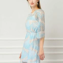 Allegra K Women's Lace Floral Round Neck Scalloped Hem Semi Sheer A-Line Dress