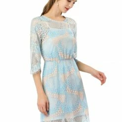 Allegra K Women's Lace Floral Round Neck Scalloped Hem Semi Sheer A-Line Dress