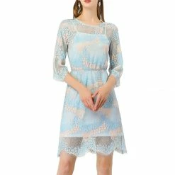 Allegra K Women's Lace Floral Round Neck Scalloped Hem Semi Sheer A-Line Dress
