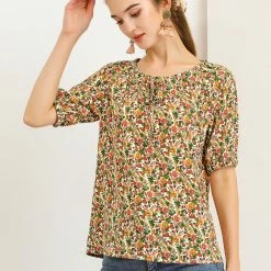 Allegra K Women's Floral Print Tie Neck Blouse Casual Puff Short Sleeve Tops