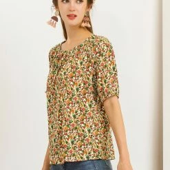 Allegra K Women's Floral Print Tie Neck Blouse Casual Puff Short Sleeve Tops