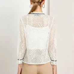 Allegra K Women's Lace Top Floral Semi Sheer Long Sleeve Button Down Office Business Blouse