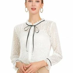 Allegra K Women's Lace Top Floral Semi Sheer Long Sleeve Button Down Office Business Blouse