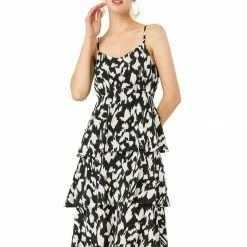 Allegra K Women's Animal Pattern Elastic Waist Layered Ruffled Hem Cami Dress
