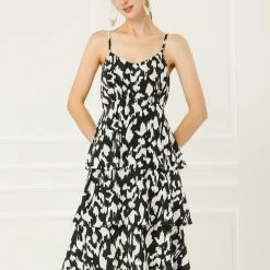 Allegra K Women's Animal Pattern Elastic Waist Layered Ruffled Hem Cami Dress