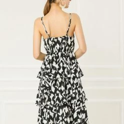 Allegra K Women's Animal Pattern Elastic Waist Layered Ruffled Hem Cami Dress