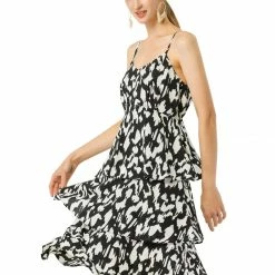 Allegra K Women's Animal Pattern Elastic Waist Layered Ruffled Hem Cami Dress
