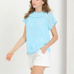 Allegra K Women's Casual Shirts Short Sleeves Ruched Round Neck Tops With Ruffle Decor