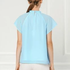 Allegra K Women's Casual Shirts Short Sleeves Ruched Round Neck Tops With Ruffle Decor