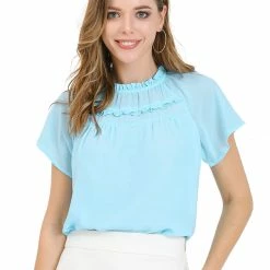 Allegra K Women's Casual Shirts Short Sleeves Ruched Round Neck Tops With Ruffle Decor
