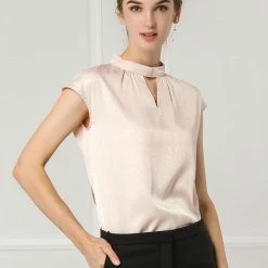 Allegra K Women's Cap Sleeve Shirts Choker Neck Office Elegant Top