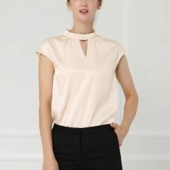 Allegra K Women's Cap Sleeve Shirts Choker Neck Office Elegant Top
