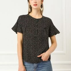 Allegra K Women's Dots Printed Ruffle Sleeve Henley Button Down 1950s Vintage Blouse Tops