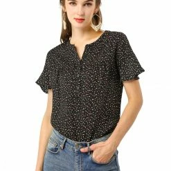Allegra K Women's Dots Printed Ruffle Sleeve Henley Button Down 1950s Vintage Blouse Tops