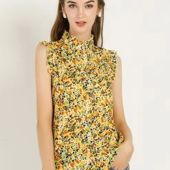 Allegra K Women's Sleeveless Ruffle Neckline Button Down Floral Top