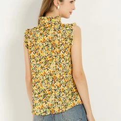 Allegra K Women's Sleeveless Ruffle Neckline Button Down Floral Top