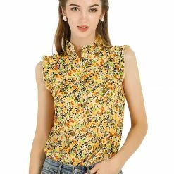 Allegra K Women's Sleeveless Ruffle Neckline Button Down Floral Top
