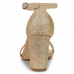 Allegra K Shoes Women's Glitter Ankle Strap Chunky Heels Sandals