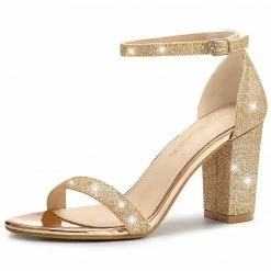 Allegra K Shoes Women's Glitter Ankle Strap Chunky Heels Sandals