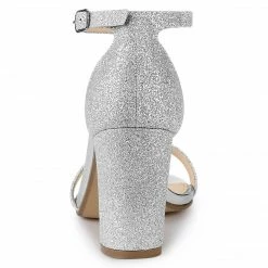 Allegra K Shoes Women's Glitter Ankle Strap Chunky Heels Sandals