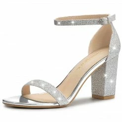 Allegra K Shoes Women's Glitter Ankle Strap Chunky Heels Sandals