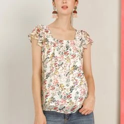 Allegra K Women's Chiffon Ruffle Sleeve Layered Floral Print Blouse Top