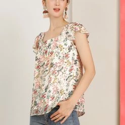 Allegra K Women's Chiffon Ruffle Sleeve Layered Floral Print Blouse Top