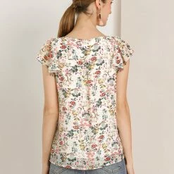 Allegra K Women's Chiffon Ruffle Sleeve Layered Floral Print Blouse Top