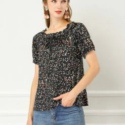 Allegra K Women's Ruffled Round Neck Raglan Sleeve Summer Polka Dots Blouse Top