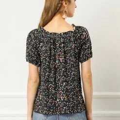 Allegra K Women's Ruffled Round Neck Raglan Sleeve Summer Polka Dots Blouse Top