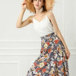 Allegra K Women's Floral Print High Waist Slit A-Line Skirt