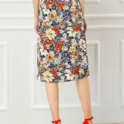 Allegra K Women's Floral Print High Waist Slit A-Line Skirt